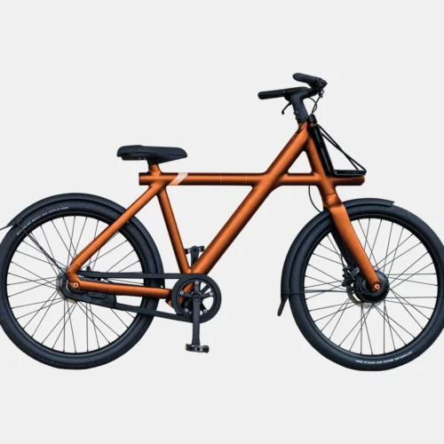 Orange Urban Style Single-Speed Bike Modern orange bicycle with extended front frame, black accents, and disc brakes on white background.