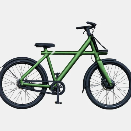 Green Frame Minimalist Urban Bicycle Modern green minimalist bike with black accents: Stylish, single-speed urban design for city cycling.
